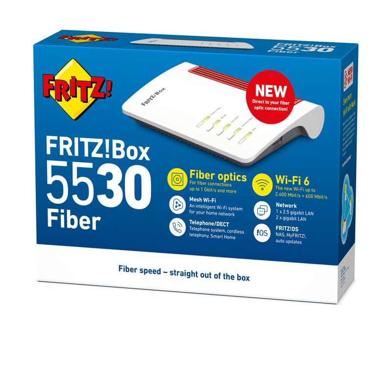 AVM Fritz!Box 5530 Fiber Edition International | Mesh Master | Wi-Fi 6 | 2400 Mbit/s (5 GHz) + 600 Mbit/s (2,4 GHz) | 2,5 Gigabit LAN | 4X gigabit-LAN | 2X USB 3.0 | AON + GPON